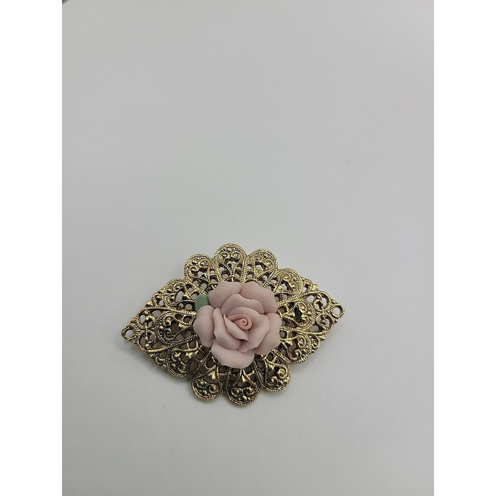 Vintage Gold Tone Filigree Pink Rose Brooch Pin Victorian Revival Cottagecore Fl